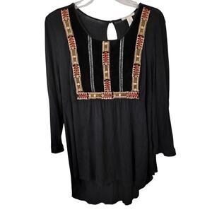 3232) Westbound Black Embroidery Embellished 3/4 Sleeve Tunic Top Large